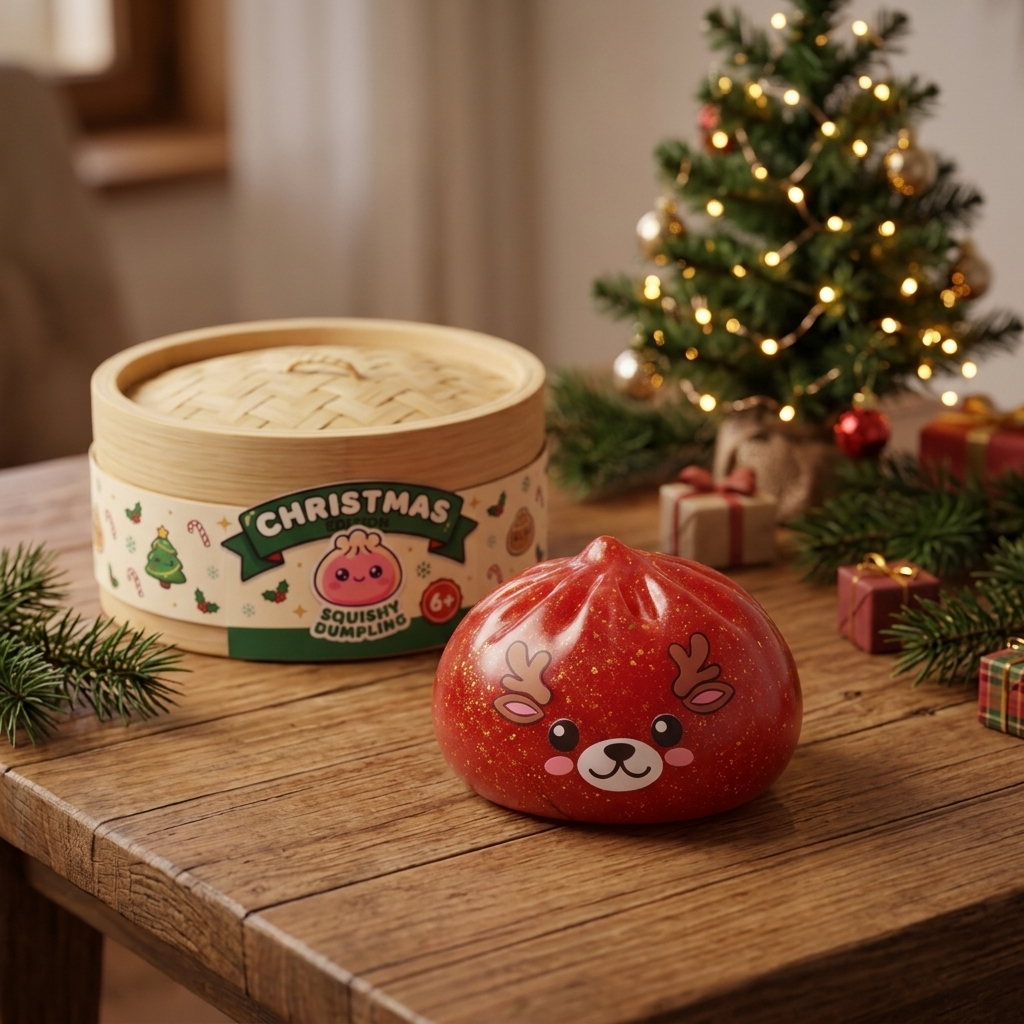 Squishy Dumpling Reno Rojo Glitter en un ambiente de escritorio