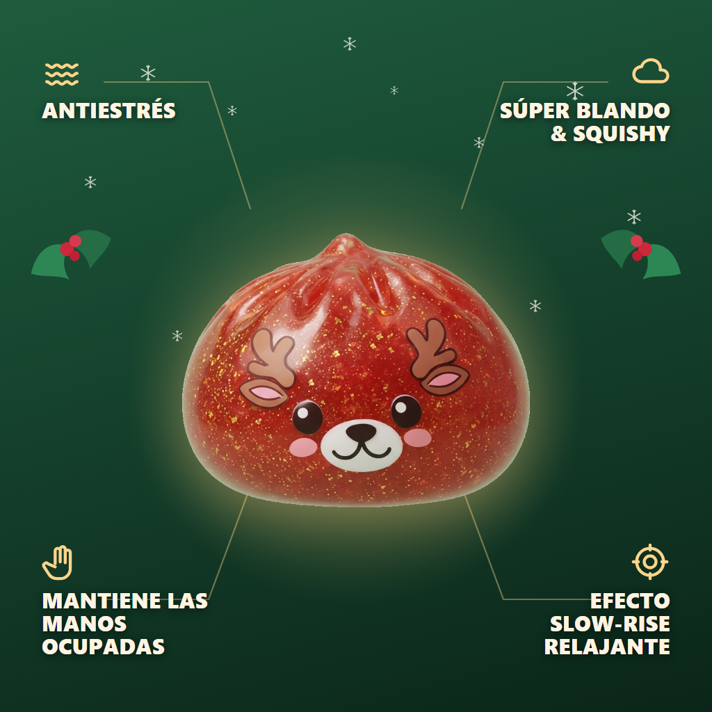 Squishy Dumpling Reno Rojo Glitter — antiestrés, ultra blando, efecto slow-rise