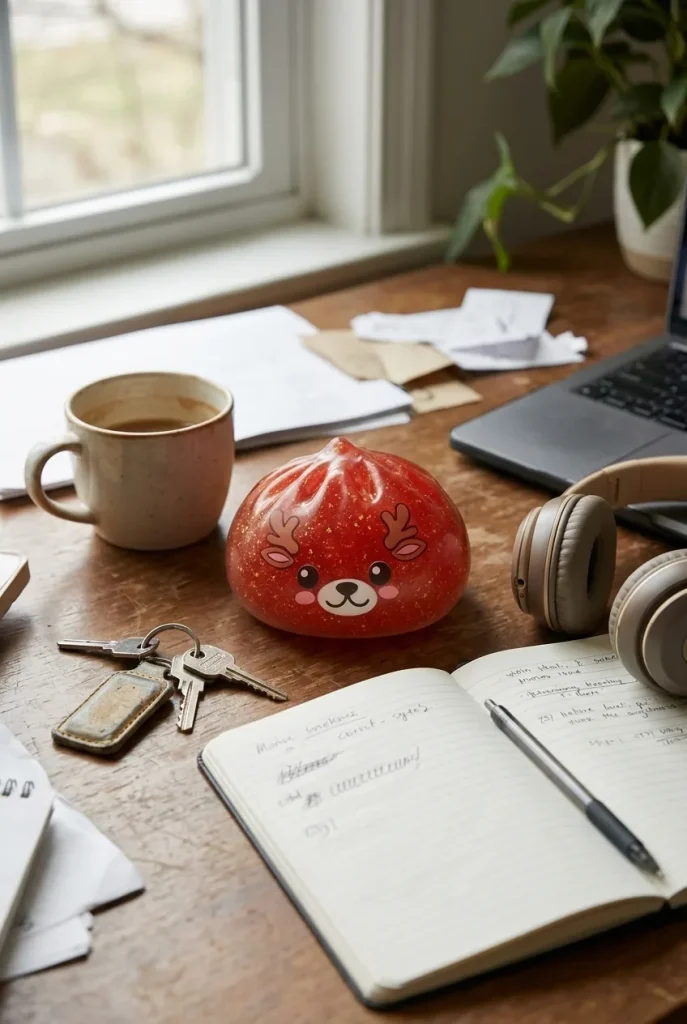 Squishy Dumpling Reno Rojo Glitter en un escritorio