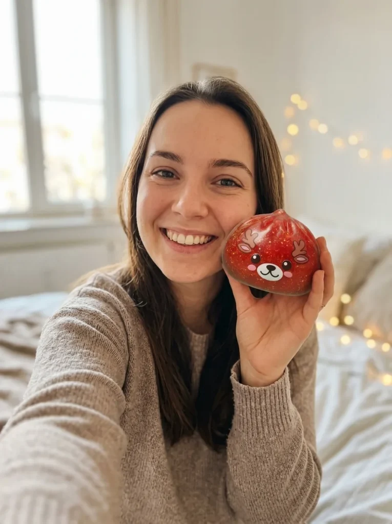 Squishy Dumpling Reno Rojo Glitter cerca de la cara