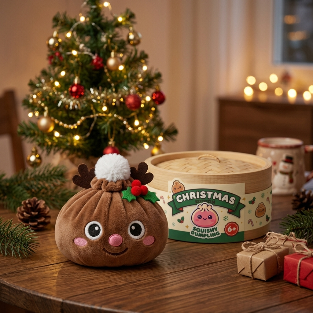 Dumpling Squishy Reno de Navidad en un ambiente de escritorio
