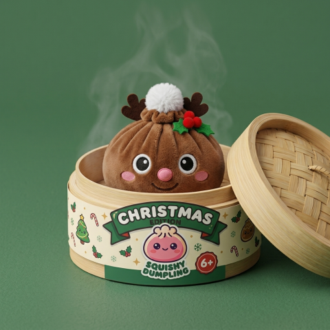 Dumpling Squishy Reno de Navidad en su cesta de vapor de bambú