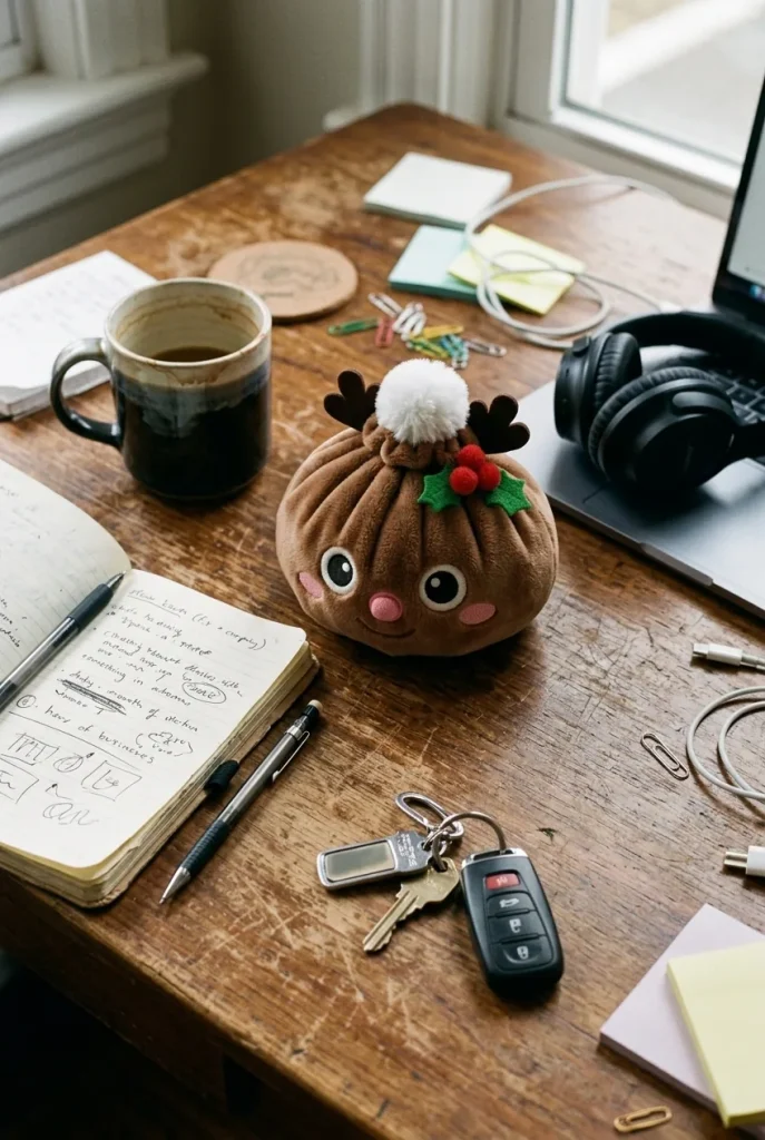 Dumpling Squishy Reno de Navidad en un escritorio