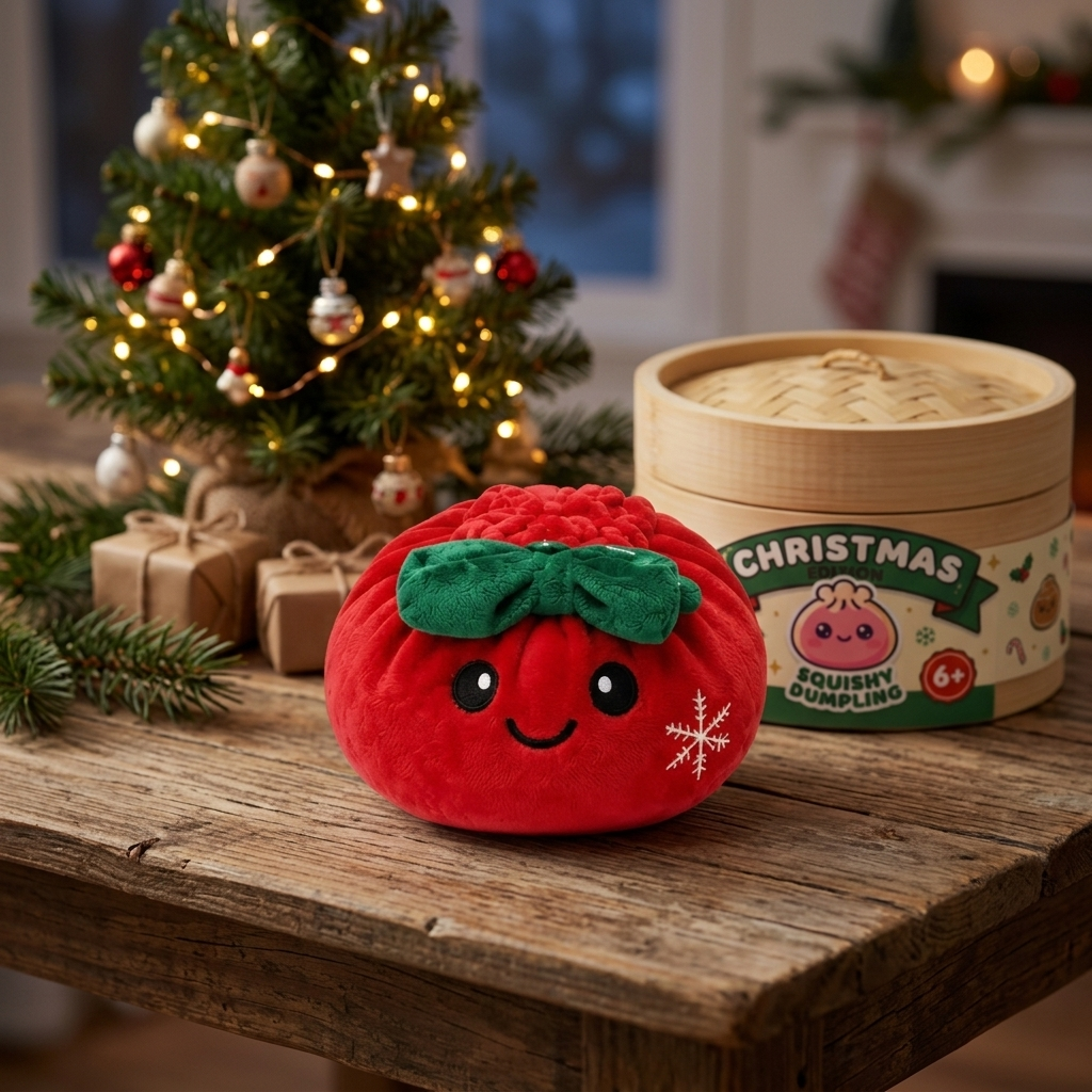 Squishy Dumpling Lazo Navideño Rojo en un ambiente de escritorio