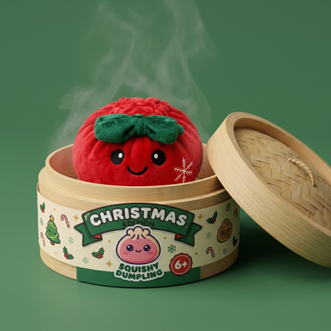 Squishy Dumpling Lazo Navideño Rojo en su cesta de vapor de bambú