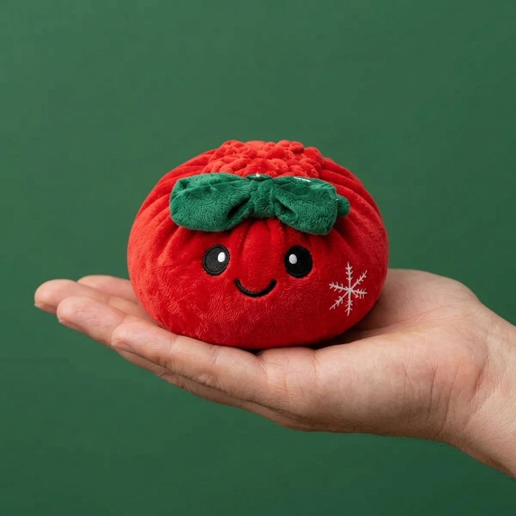 Squishy Dumpling Lazo Navideño Rojo en la mano, tamaño real