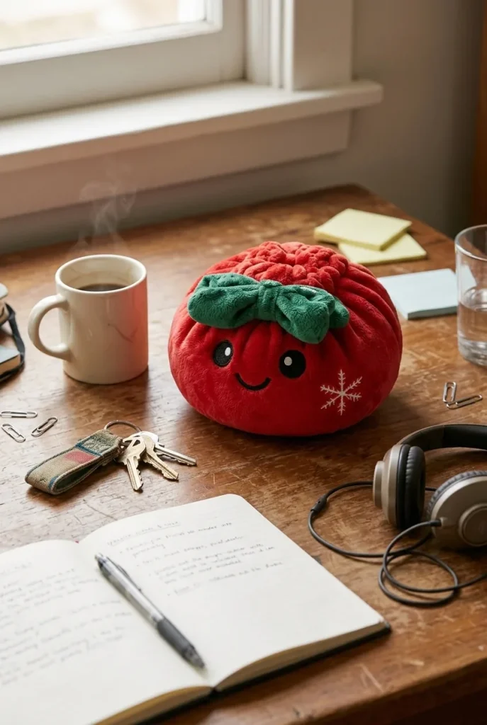 Squishy Dumpling Lazo Navideño Rojo en un escritorio