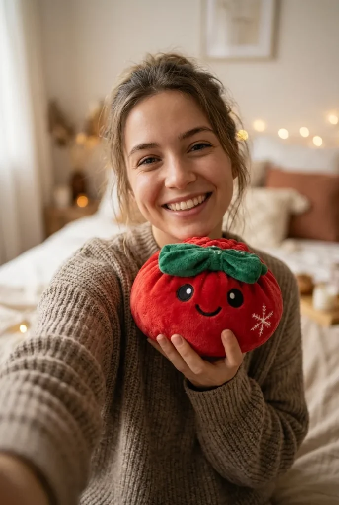Squishy Dumpling Lazo Navideño Rojo cerca de la cara