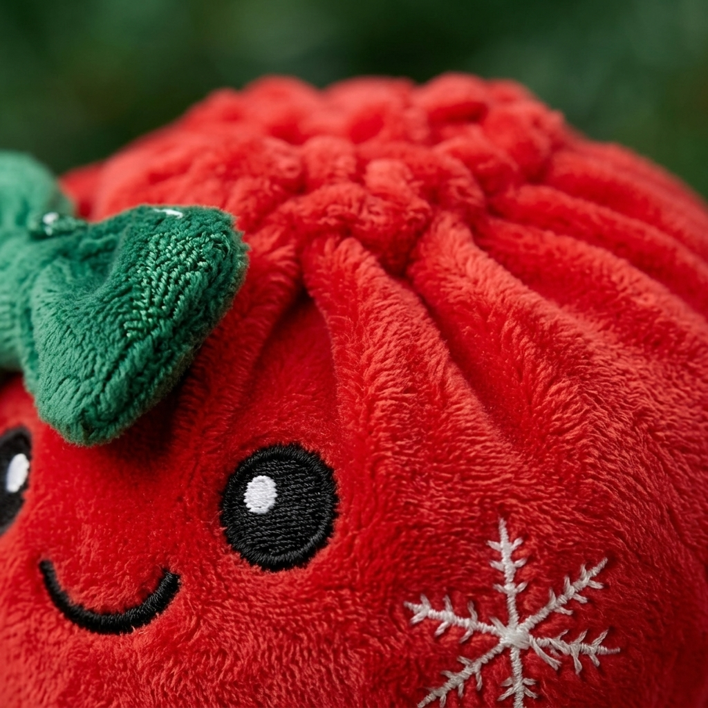 Squishy Dumpling Lazo Navideño Rojo — primer plano macro de la textura