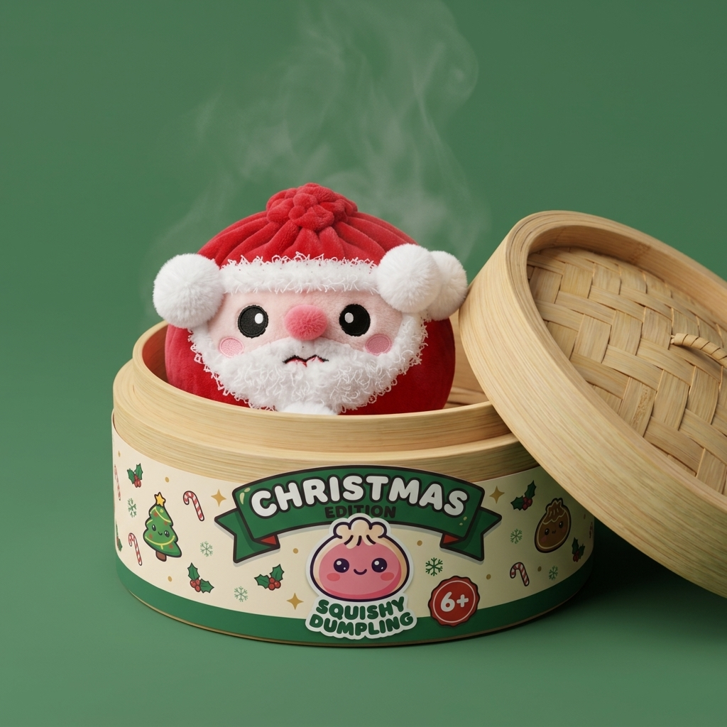 Squishy Dumpling Santa Claus en su cesta de vapor de bambú