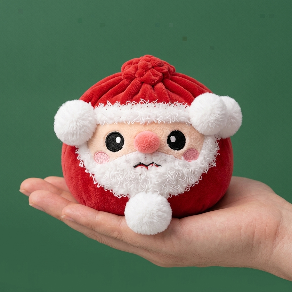 Squishy Dumpling Santa Claus en la mano, tamaño real