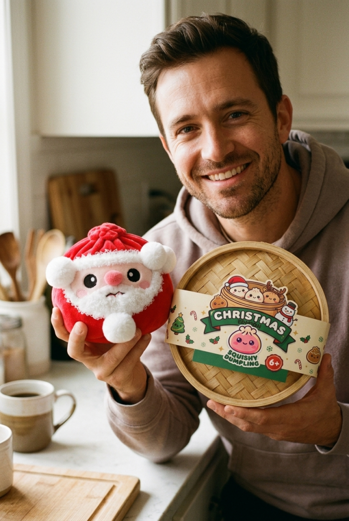Squishy Dumpling Santa Claus con su cesta de vapor de bambú
