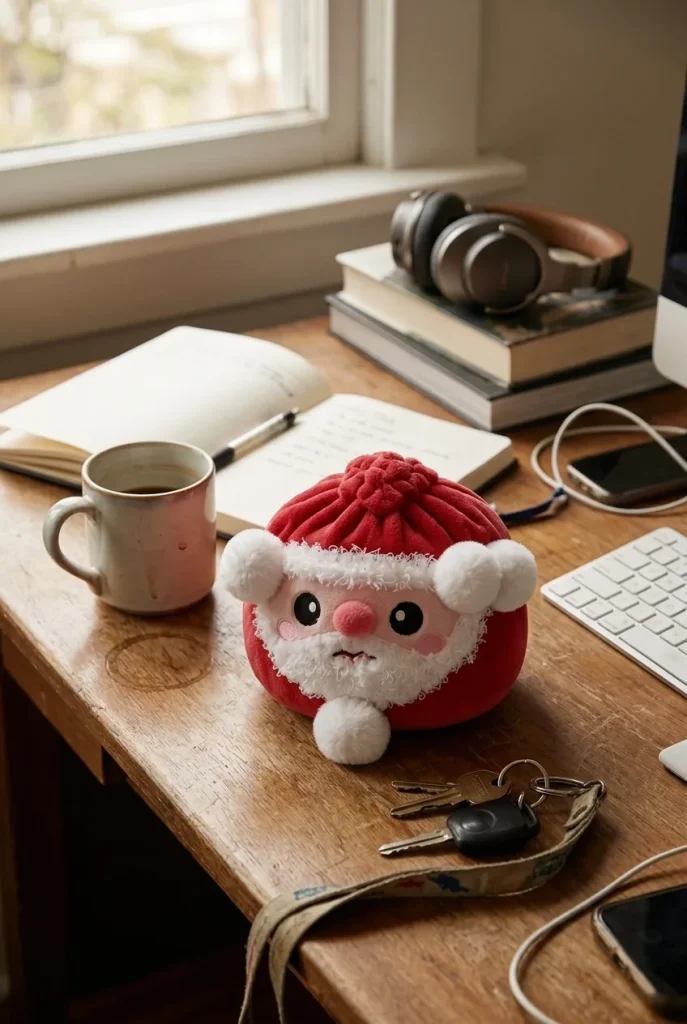 Squishy Dumpling Santa Claus en un escritorio