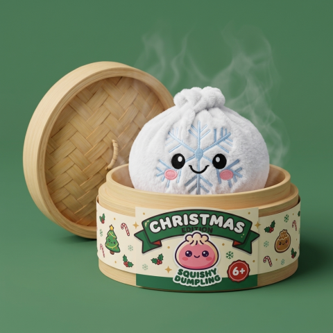 Snowflake Dumpling Squishy Invierno en su cesta de vapor de bambú