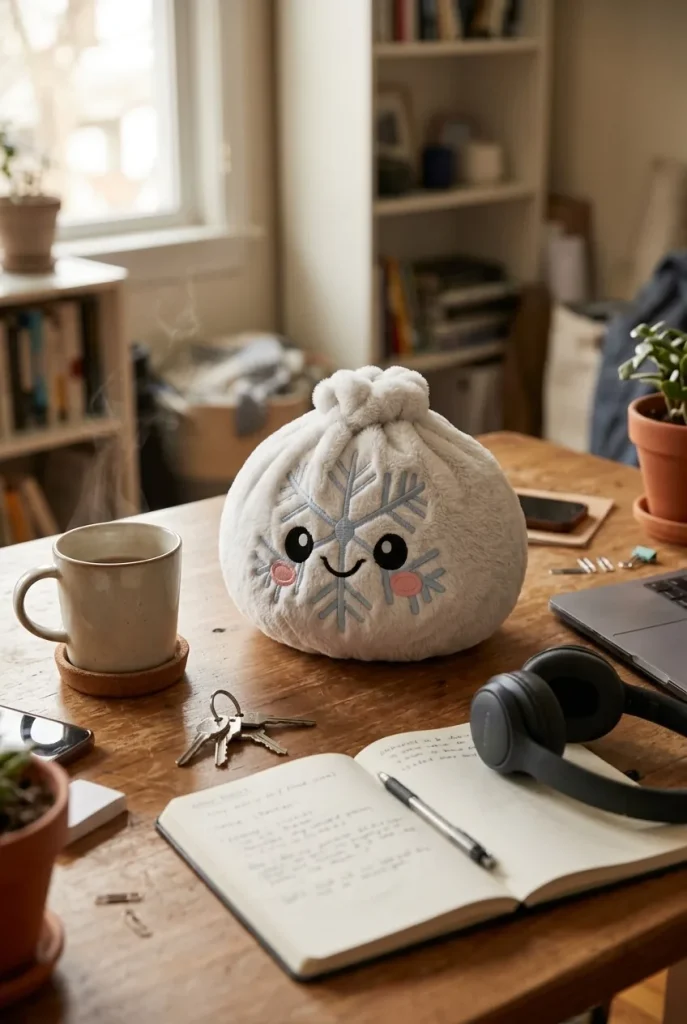 Snowflake Dumpling Squishy Invierno en un escritorio