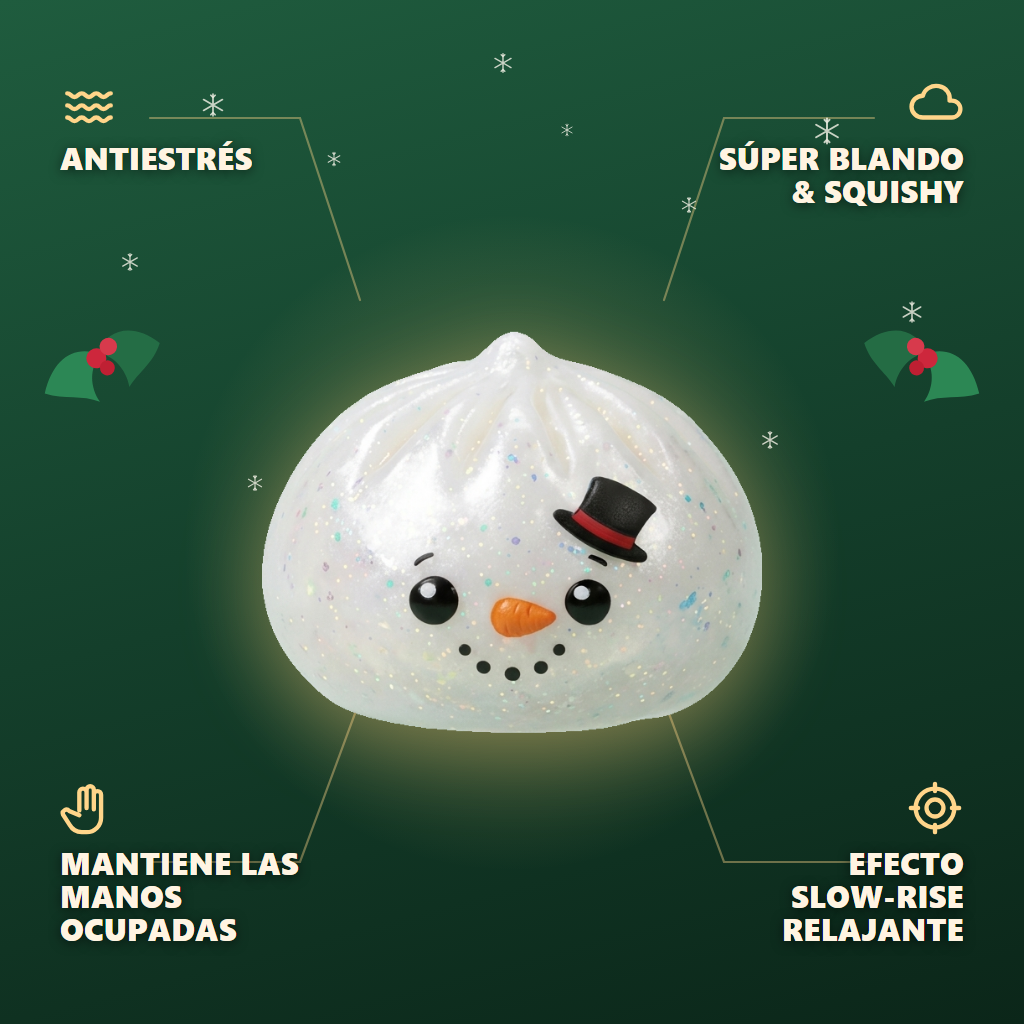 Dumpling Squishy Glitter Muñeco de Nieve — antiestrés, ultra blando, efecto slow-rise
