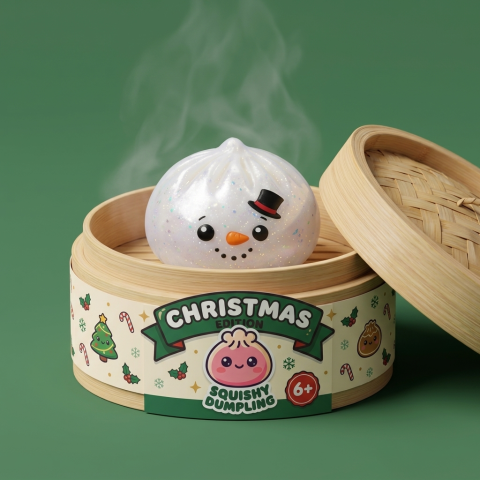 Dumpling Squishy Glitter Muñeco de Nieve en su cesta de vapor de bambú