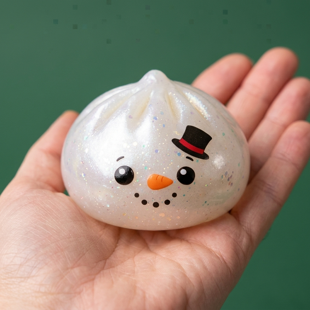 Dumpling Squishy Glitter Muñeco de Nieve en la mano, tamaño real