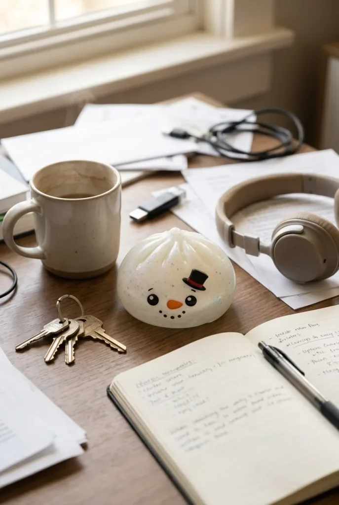Dumpling Squishy Glitter Muñeco de Nieve en un escritorio