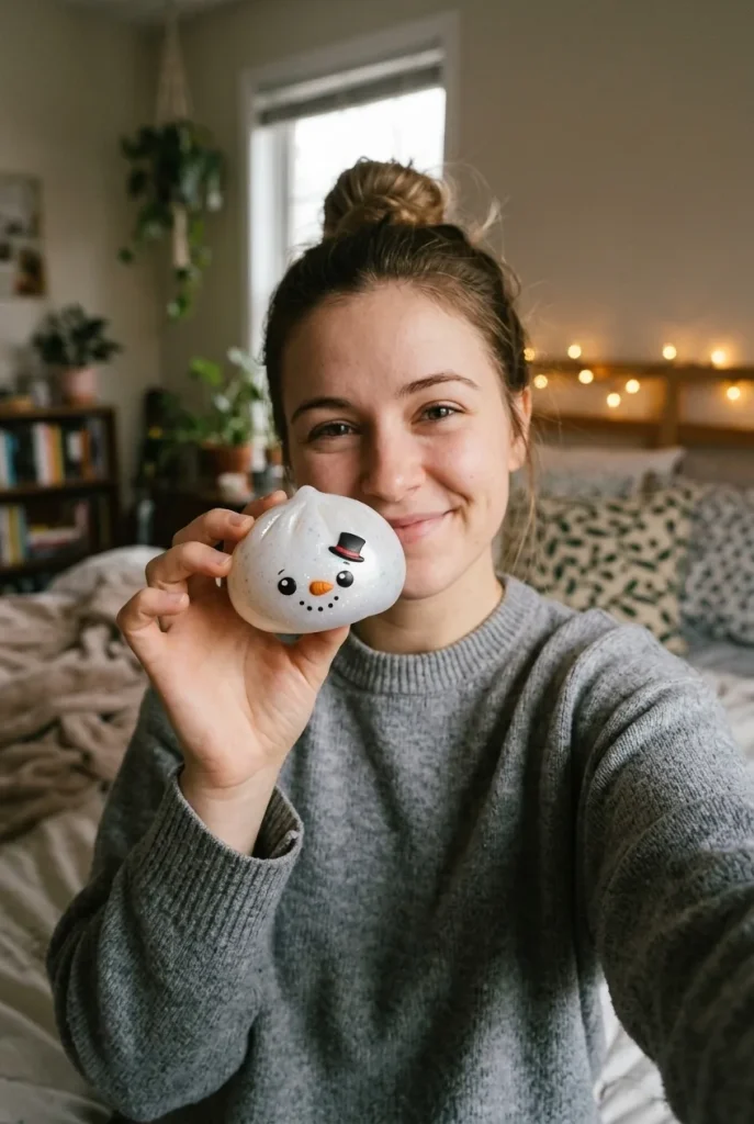 Dumpling Squishy Glitter Muñeco de Nieve cerca de la cara