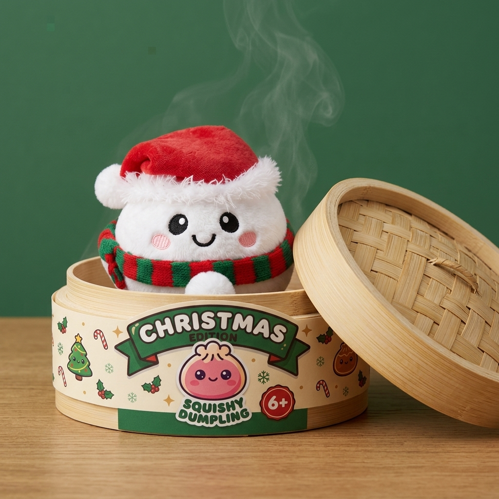 Squishy Dumpling Muñeco de Nieve Peluche en su cesta de vapor de bambú