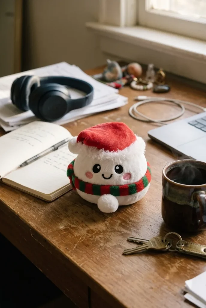 Squishy Dumpling Muñeco de Nieve Peluche en un escritorio