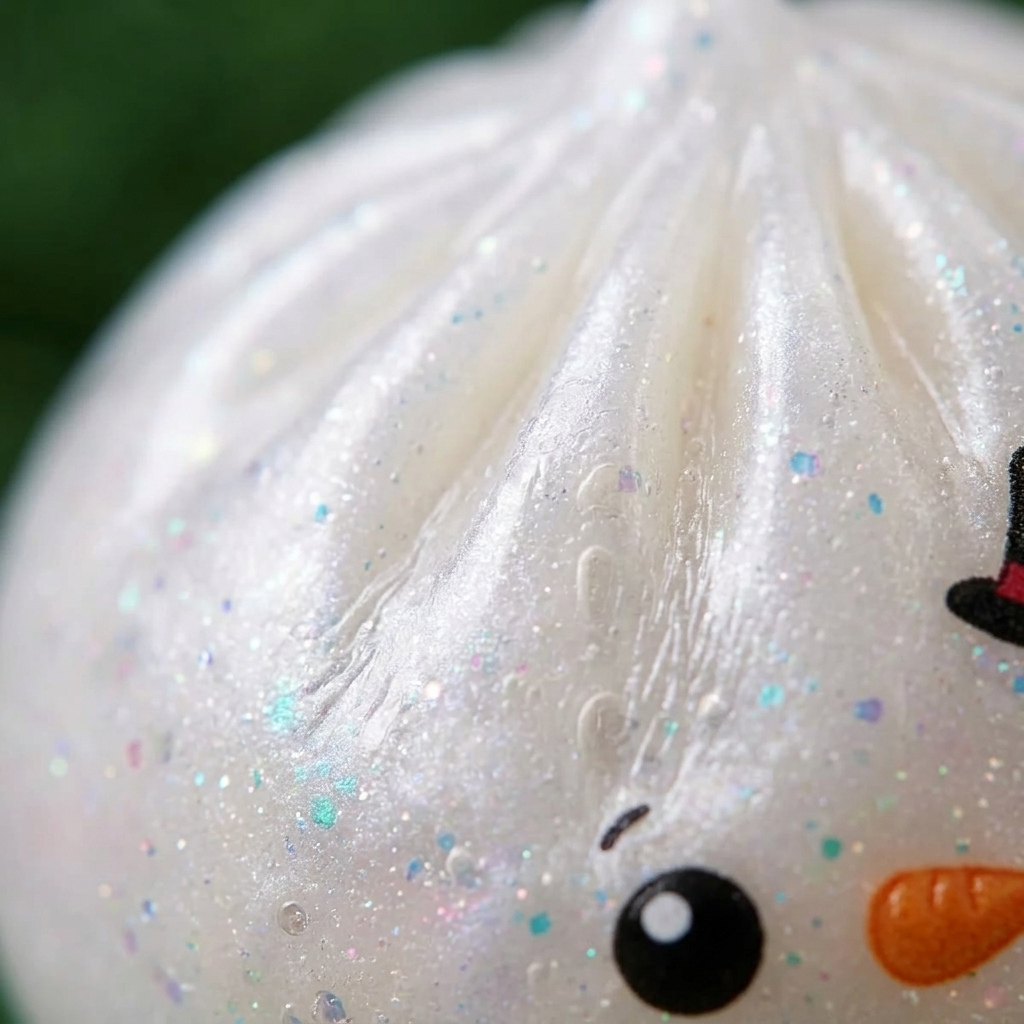 Dumpling Squishy Glitter Muñeco de Nieve — primer plano macro de la textura