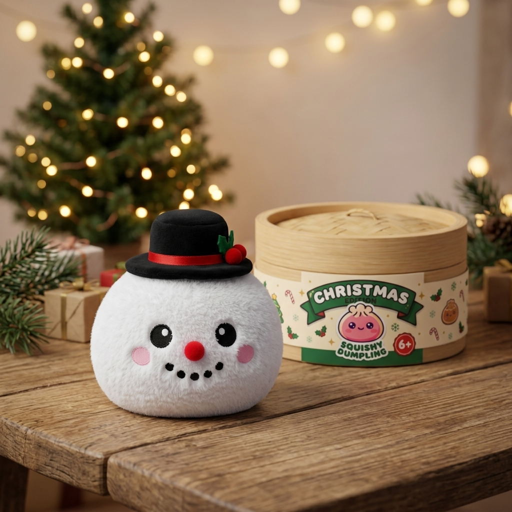 Dumpling Squishy Muñeco de Nieve con Sombrero de Copa en un ambiente de escritorio