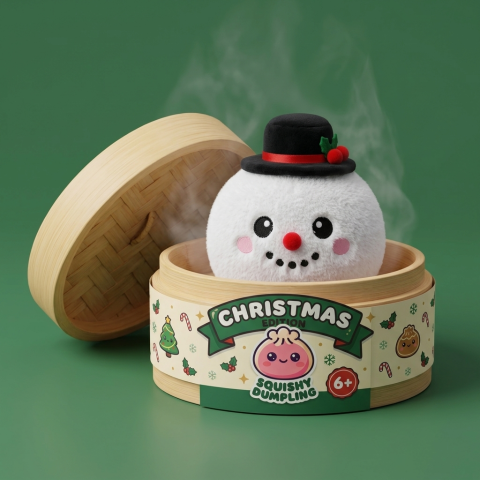 Dumpling Squishy Muñeco de Nieve con Sombrero de Copa en su cesta de vapor de bambú