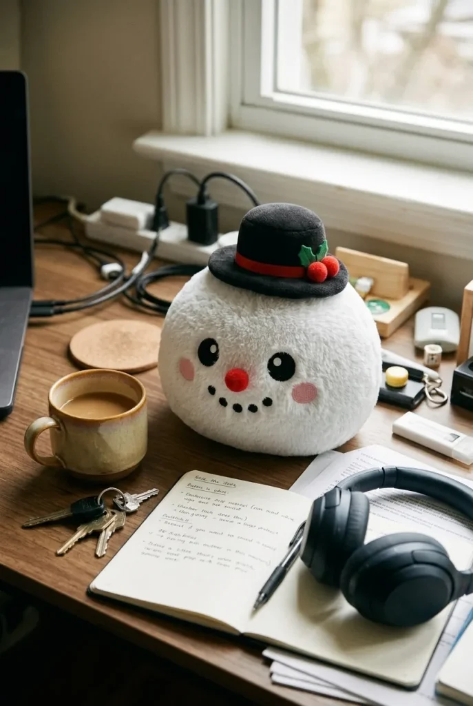 Dumpling Squishy Muñeco de Nieve con Sombrero de Copa en un escritorio