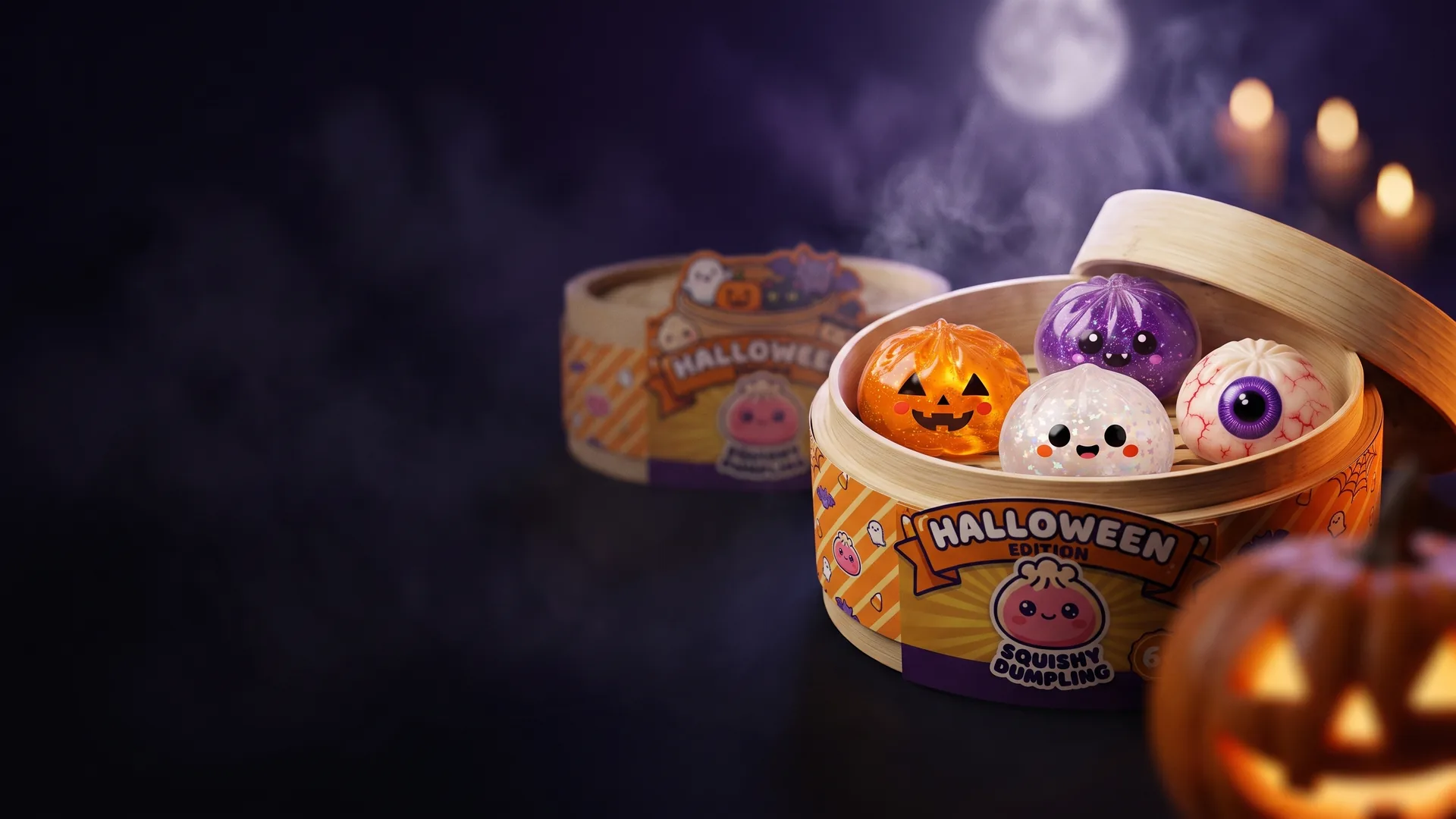 Squishies de Halloween en sus cestas de vapor, entre calabazas y velas