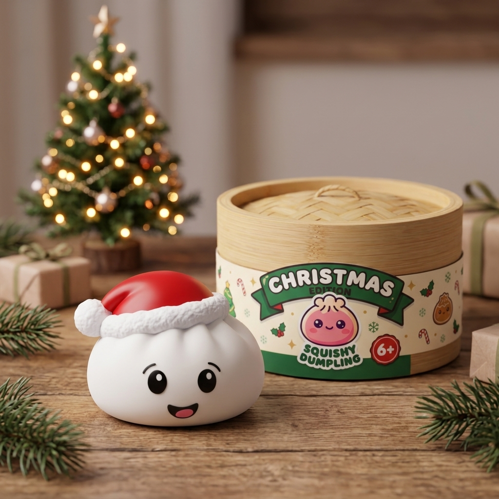 Squishy Dumpling Gorro de Navidad Blanco en un ambiente de escritorio