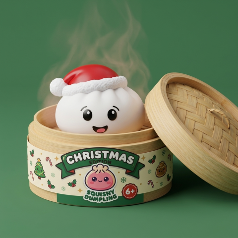 Squishy Dumpling Gorro de Navidad Blanco en su cesta de vapor de bambú