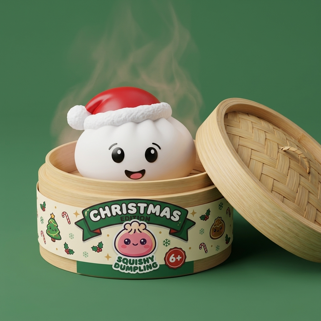 Squishy Dumpling Gorro de Navidad Blanco en su cesta de vapor de bambú