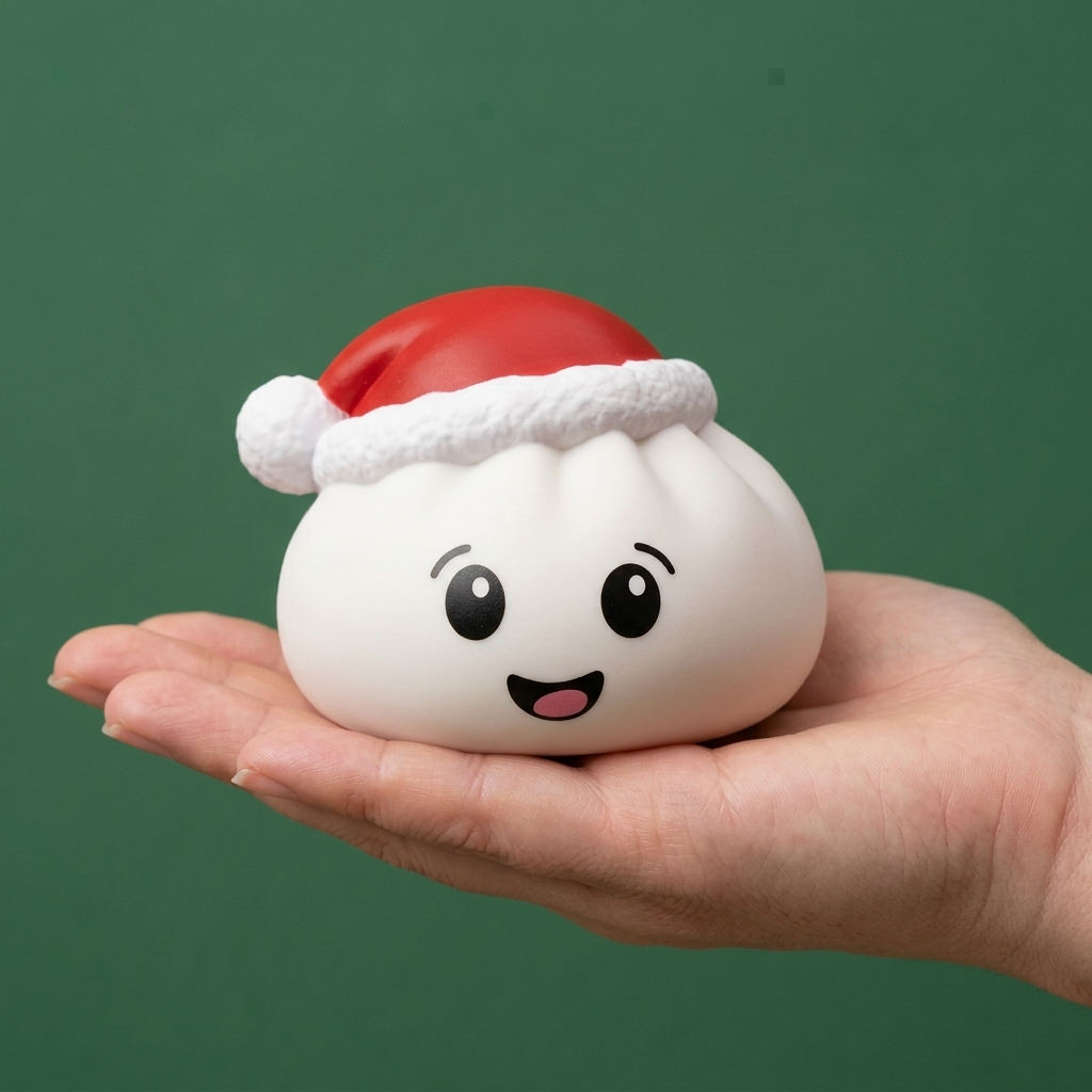 Squishy Dumpling Gorro de Navidad Blanco en la mano, tamaño real