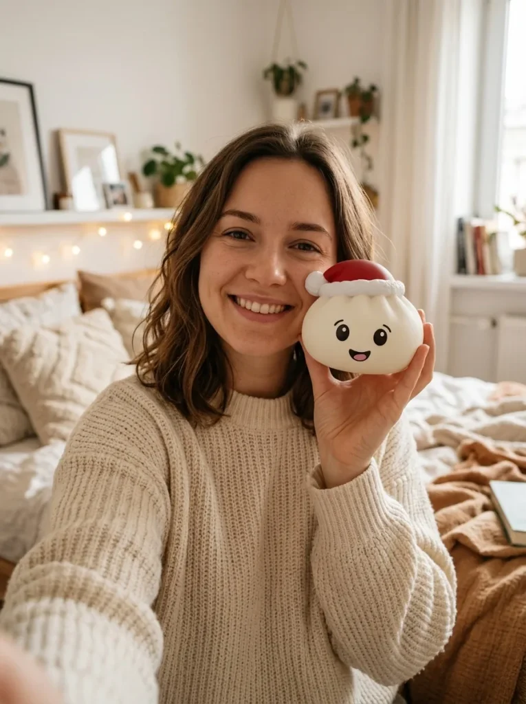 Squishy Dumpling Gorro de Navidad Blanco cerca de la cara