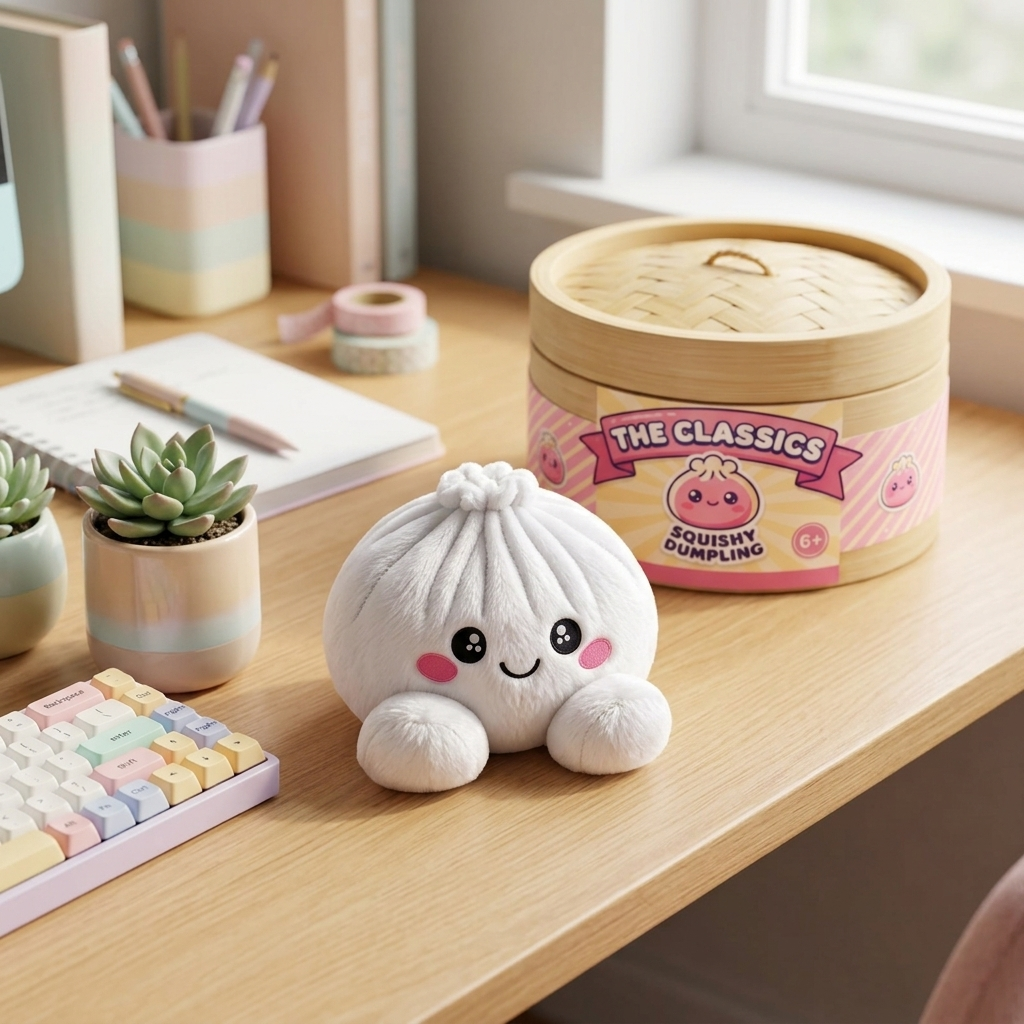 Squishy Dumpling Peluche Blanco Clásico en un ambiente de escritorio