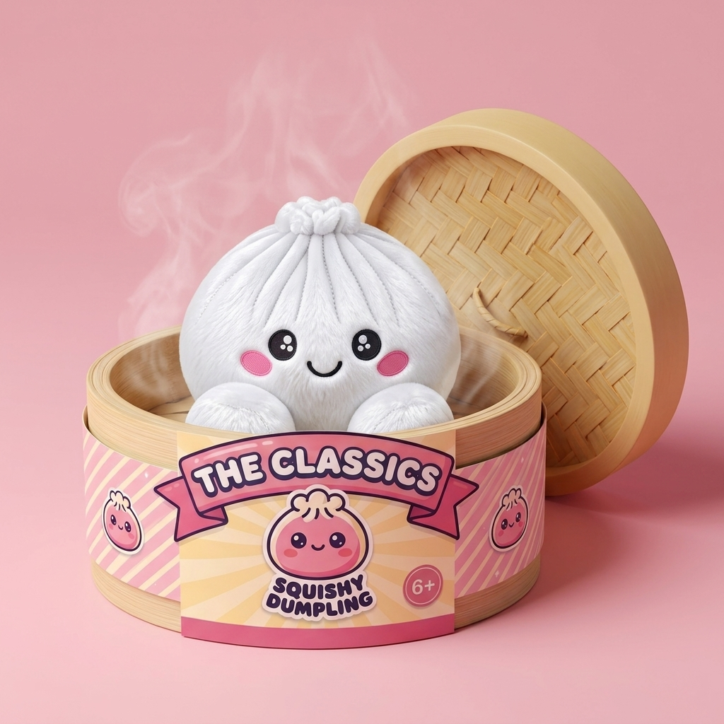 Squishy Dumpling Peluche Blanco Clásico en su cesta de vapor de bambú