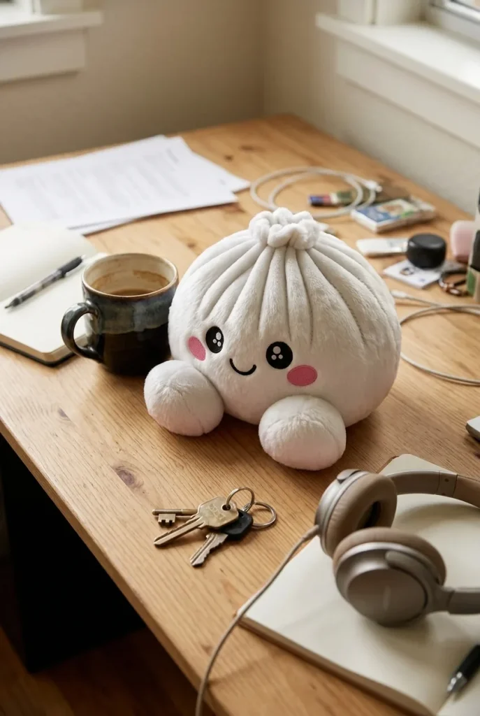 Squishy Dumpling Peluche Blanco Clásico en un escritorio
