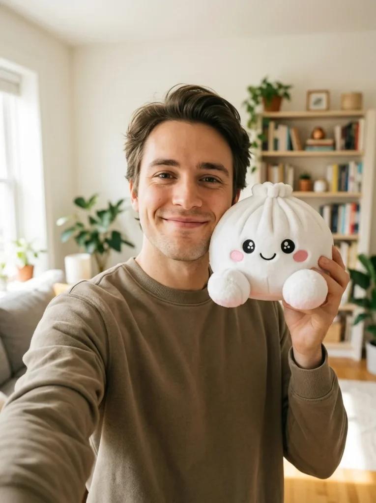 Squishy Dumpling Peluche Blanco Clásico cerca de la cara