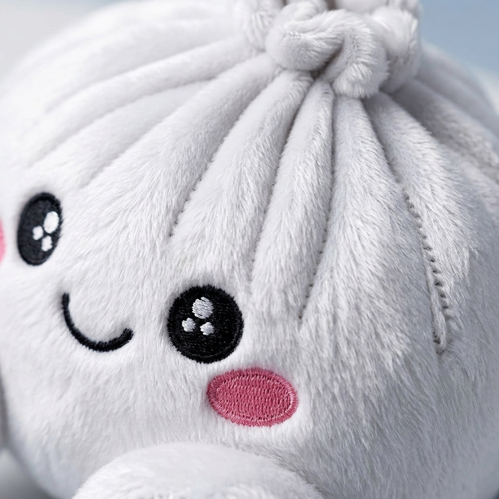 Squishy Dumpling Peluche Blanco Clásico — primer plano macro de la textura