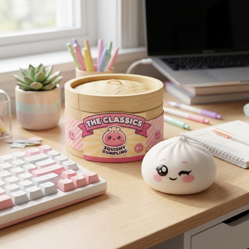 Dumpling Squishy Blanco Guiño en un ambiente de escritorio