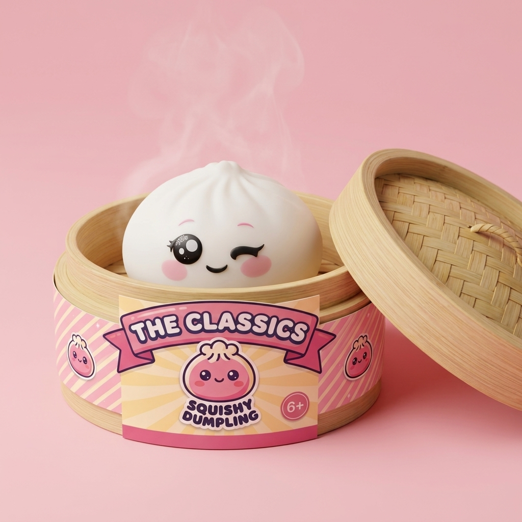 Dumpling Squishy Blanco Guiño en su cesta de vapor de bambú