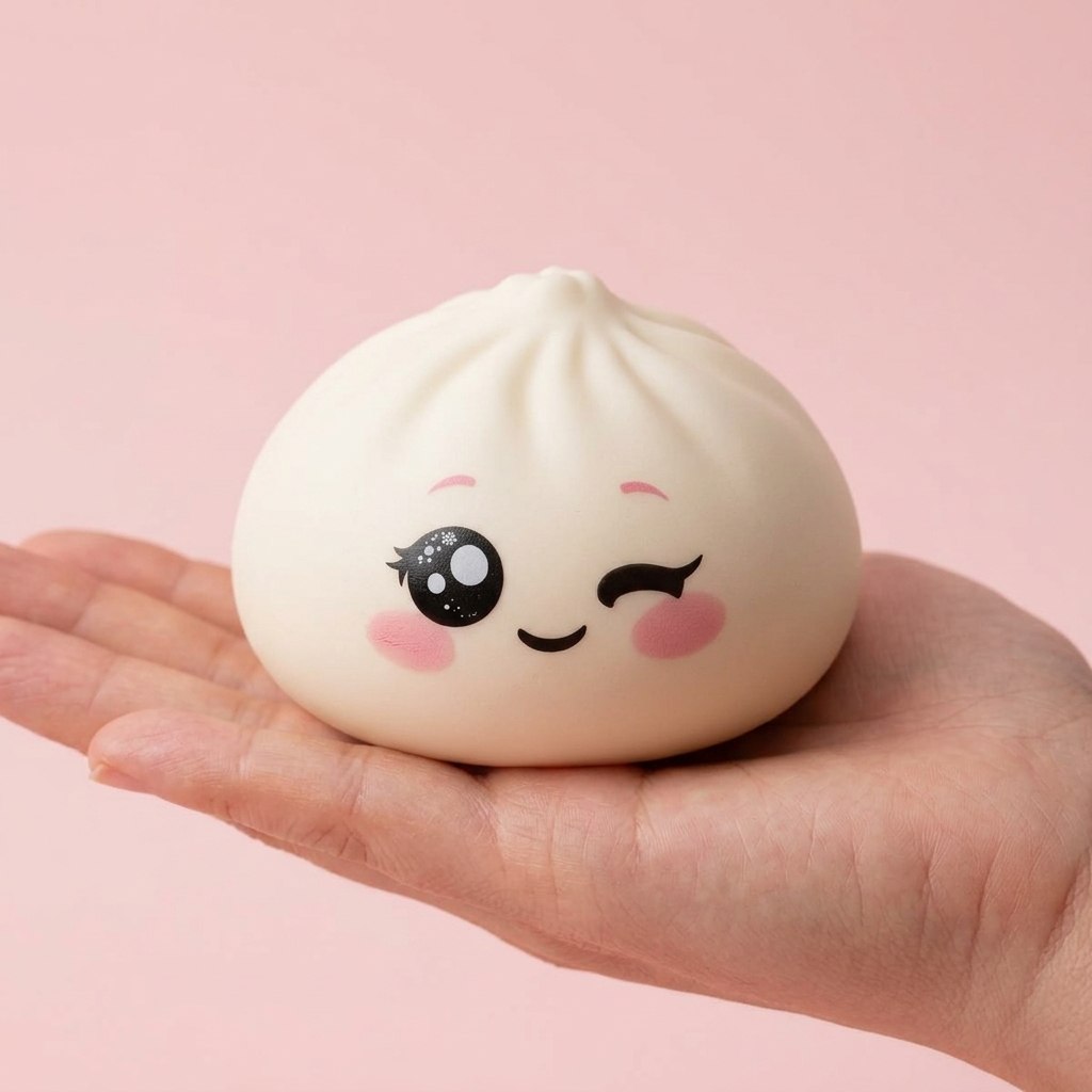 Dumpling Squishy Blanco Guiño en la mano, tamaño real