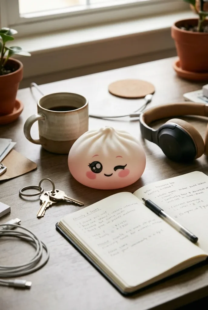 Dumpling Squishy Blanco Guiño en un escritorio