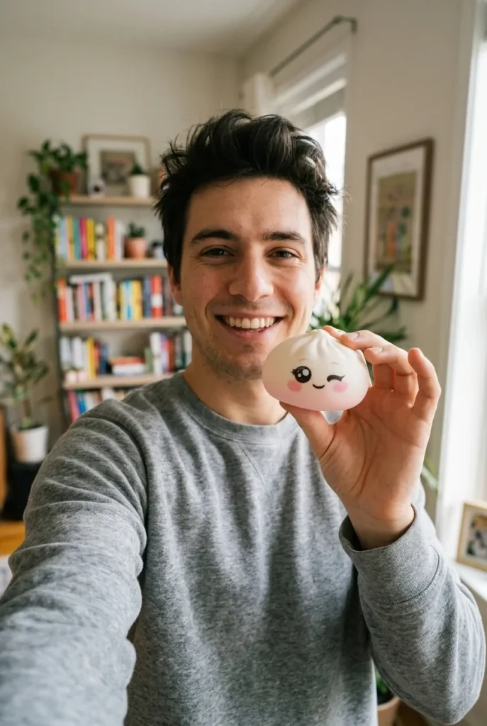 Dumpling Squishy Blanco Guiño cerca de la cara