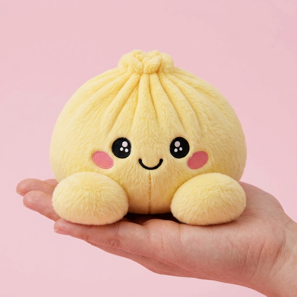 Dumpling Squishy Amarillo Limón en la mano, tamaño real